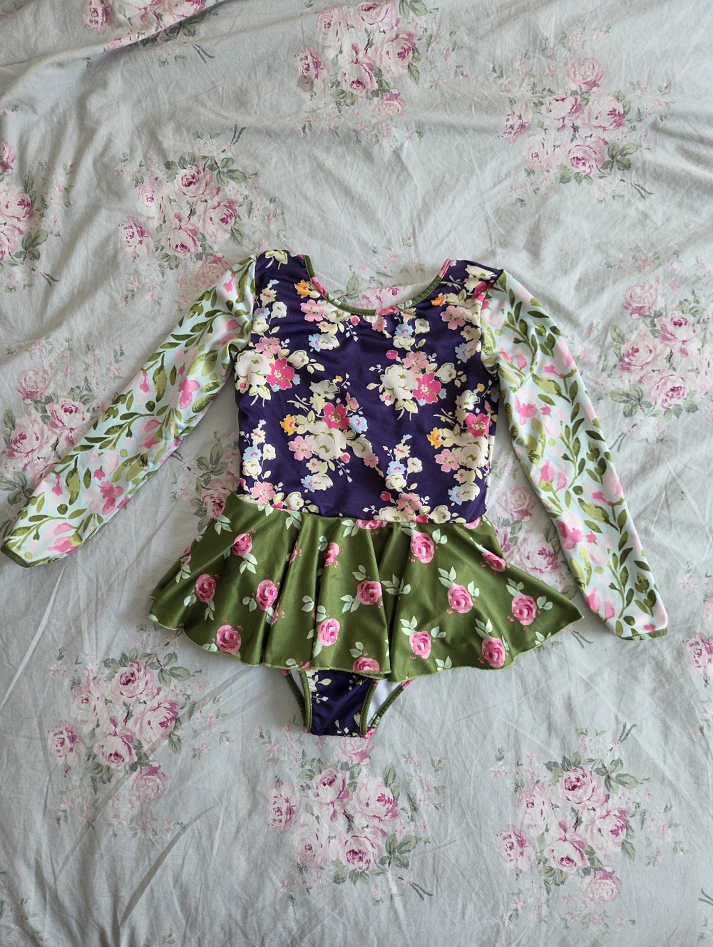 Sweet Honey Floral Leotard Long Sleeves Skirted Bottom 4T